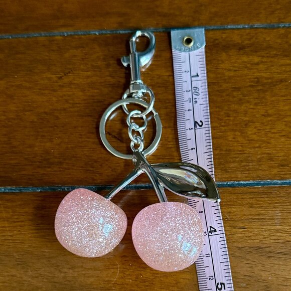 NEW Pink Glitter Large Cherries Purse Charm Keychain Goldtone - Picture 5 of 5